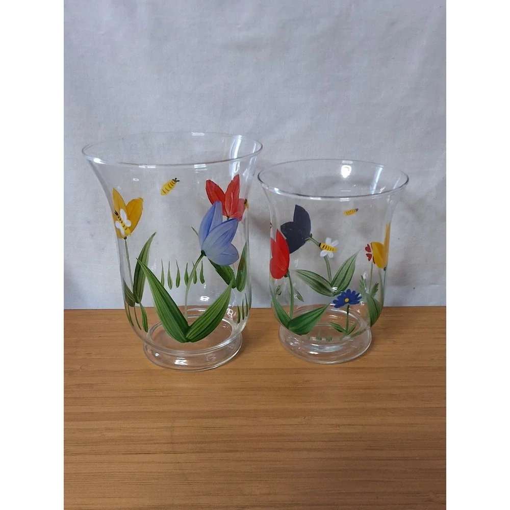 Vintage Hallmark Hand-Painted Floral‎ Glass Hurricane Candle Holders Set of 2